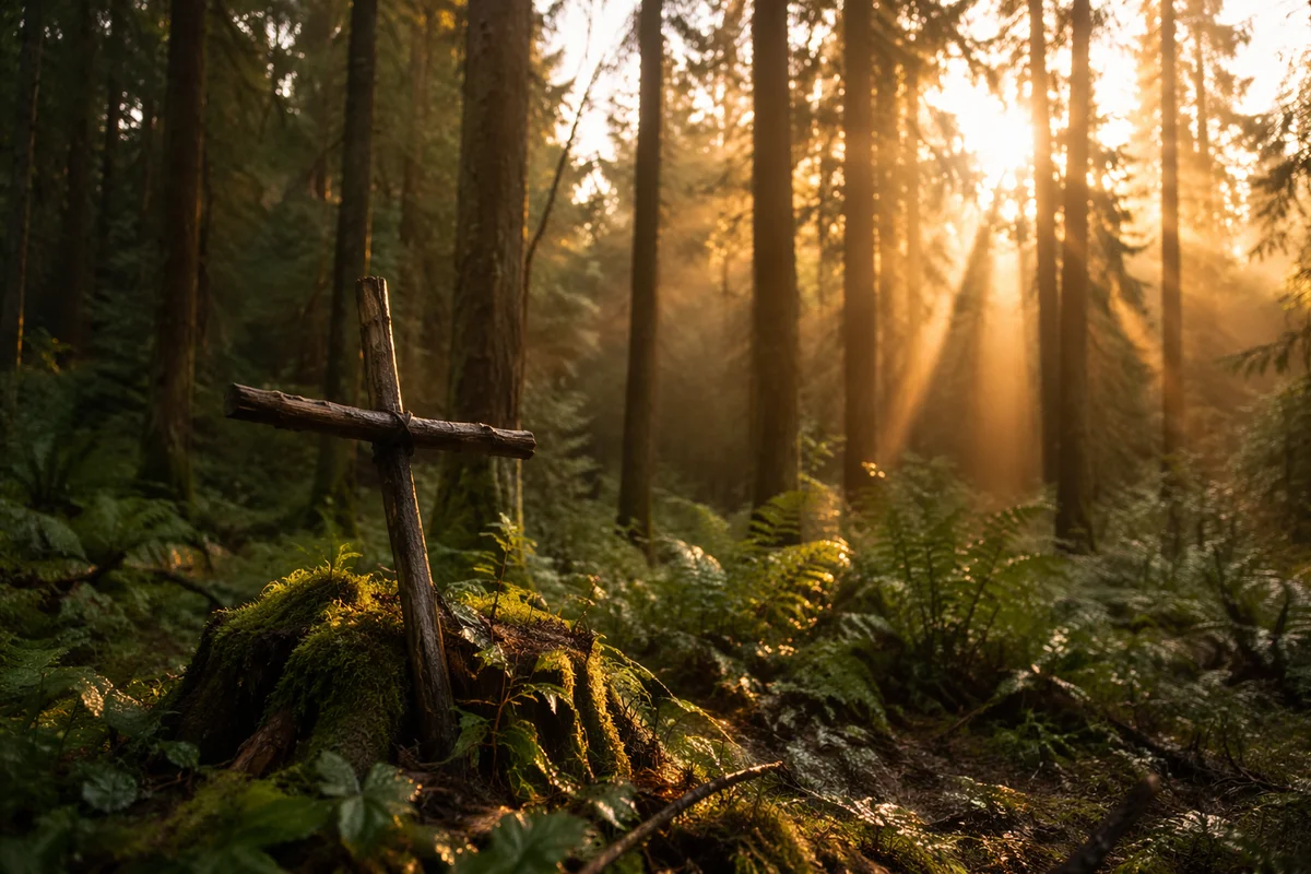 Sunlit Evergreen Forest Prayer Cross