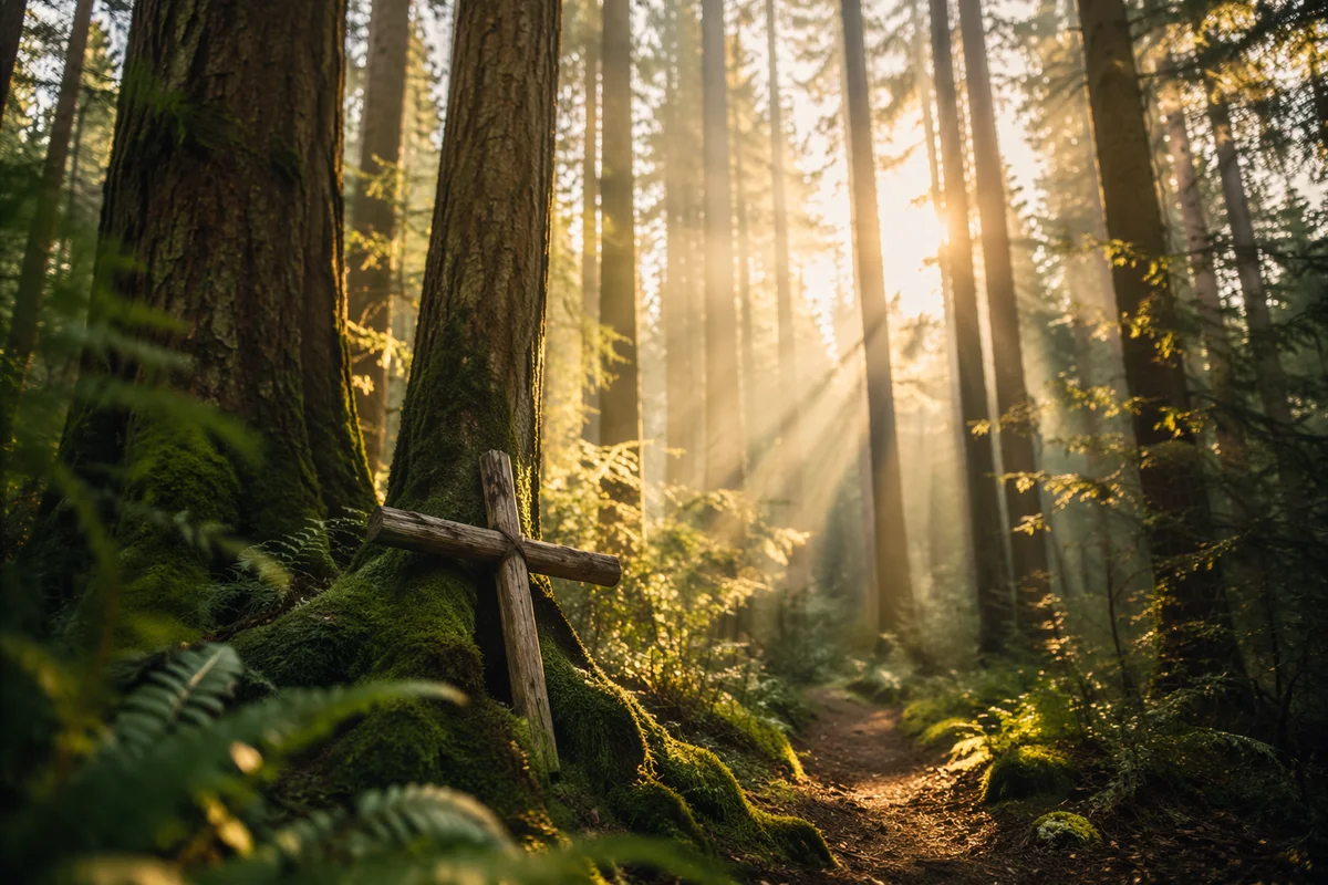 Golden Sunlight Over Forest Cross