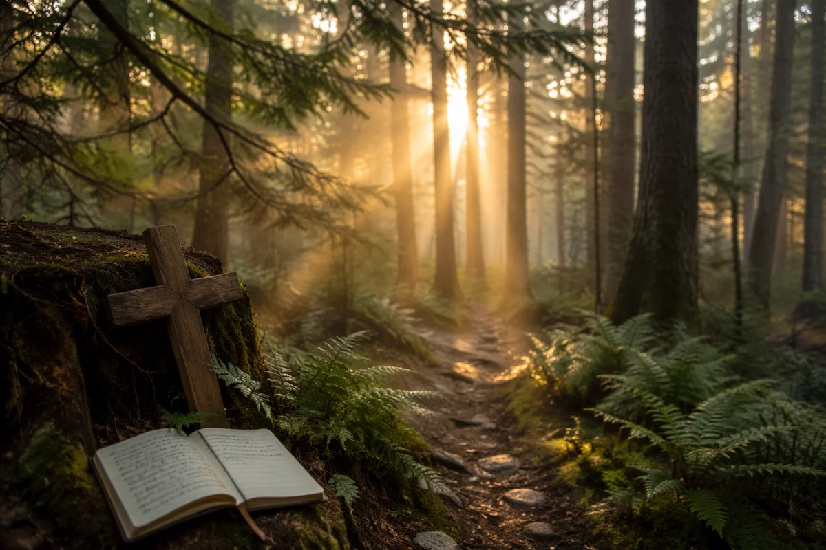 Golden Sunlight Through Evergreen Prayer Path