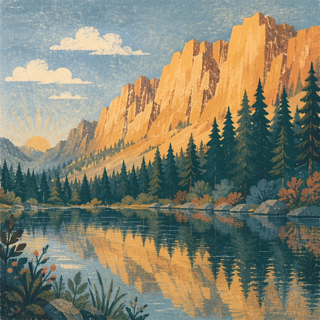 Golden Sunrise Over Evergreen Mountain Lake