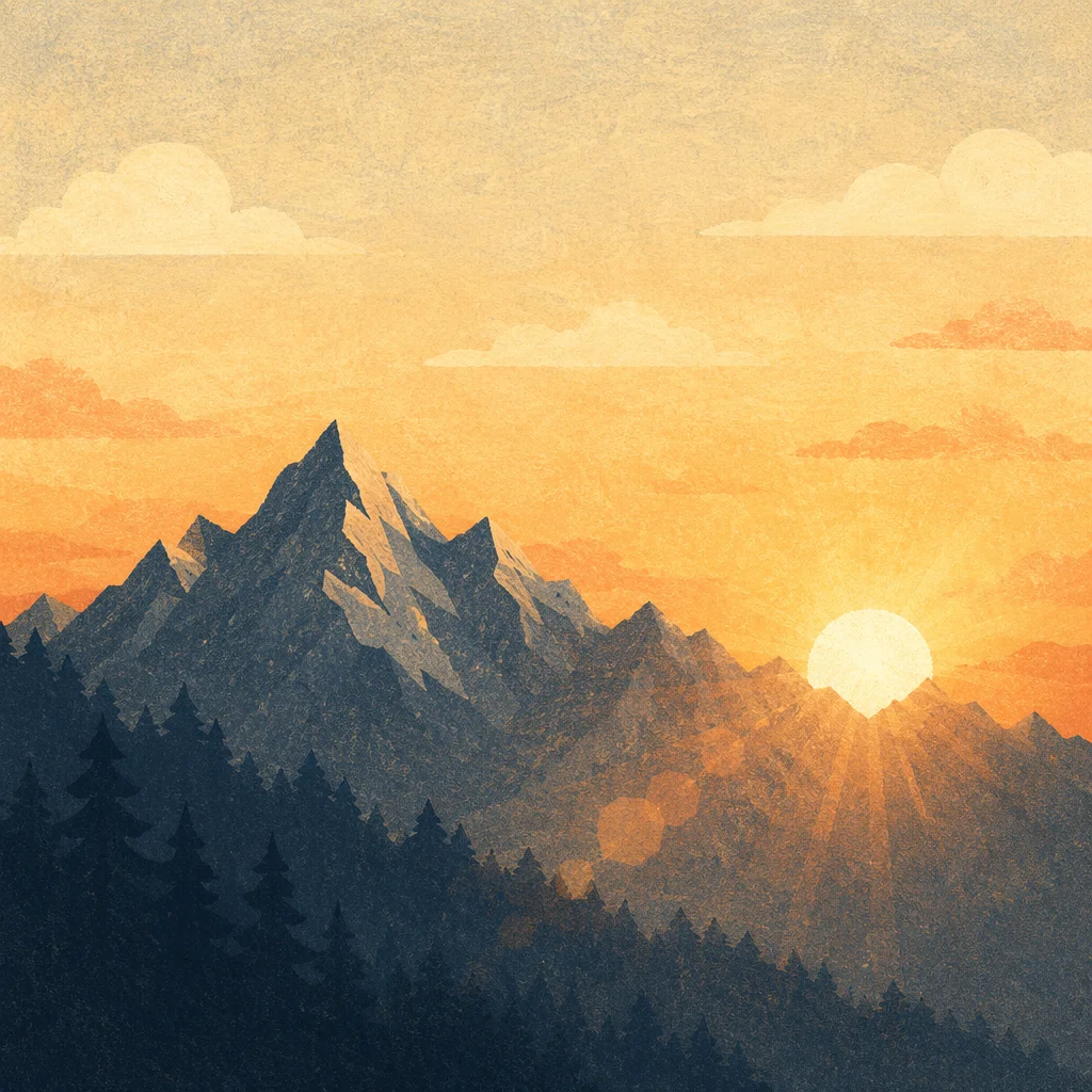 Golden Sunrise Over Evergreen Mountain Range