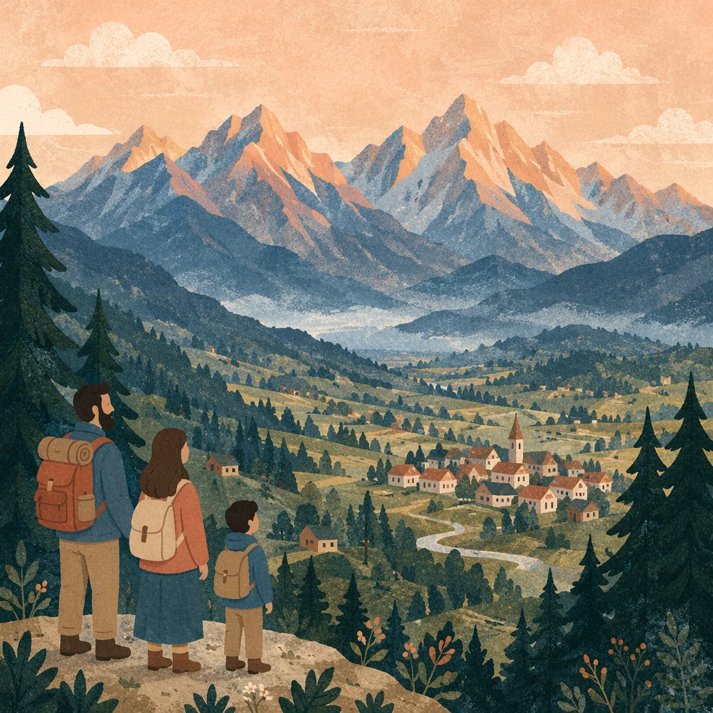 Golden Sunrise Over Evergreen Alpine Mountains