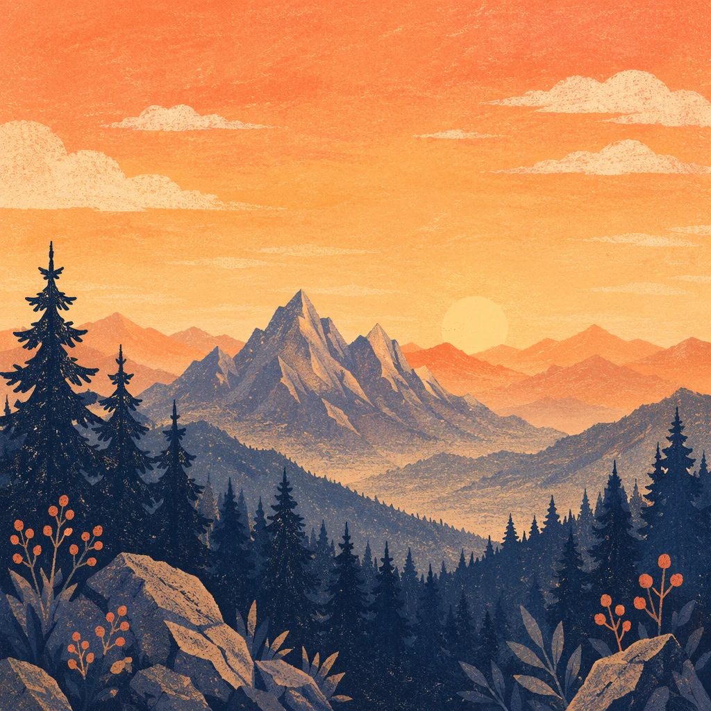 Golden Sunrise Over Evergreen Mountain Range