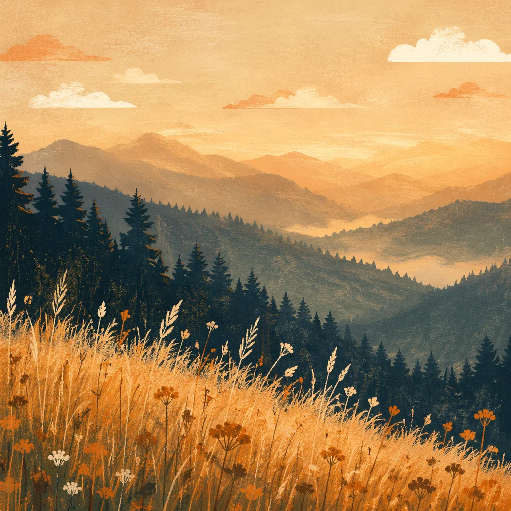 Golden Sunrise Over Evergreen Mountain Ridges