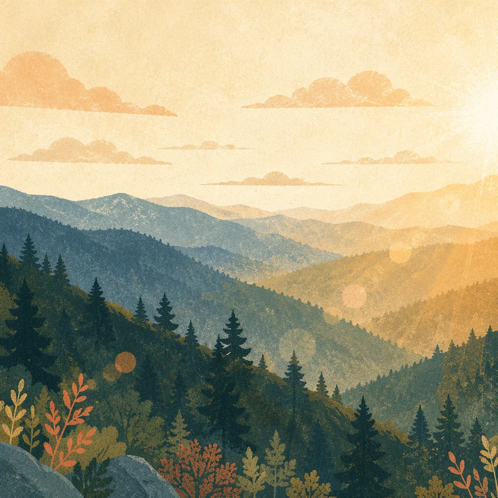 Golden Sunrise Over Evergreen Mountain Ridges