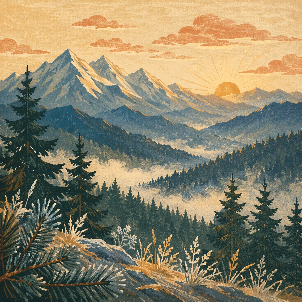 Golden Sunrise Over Evergreen Mountain Peaks