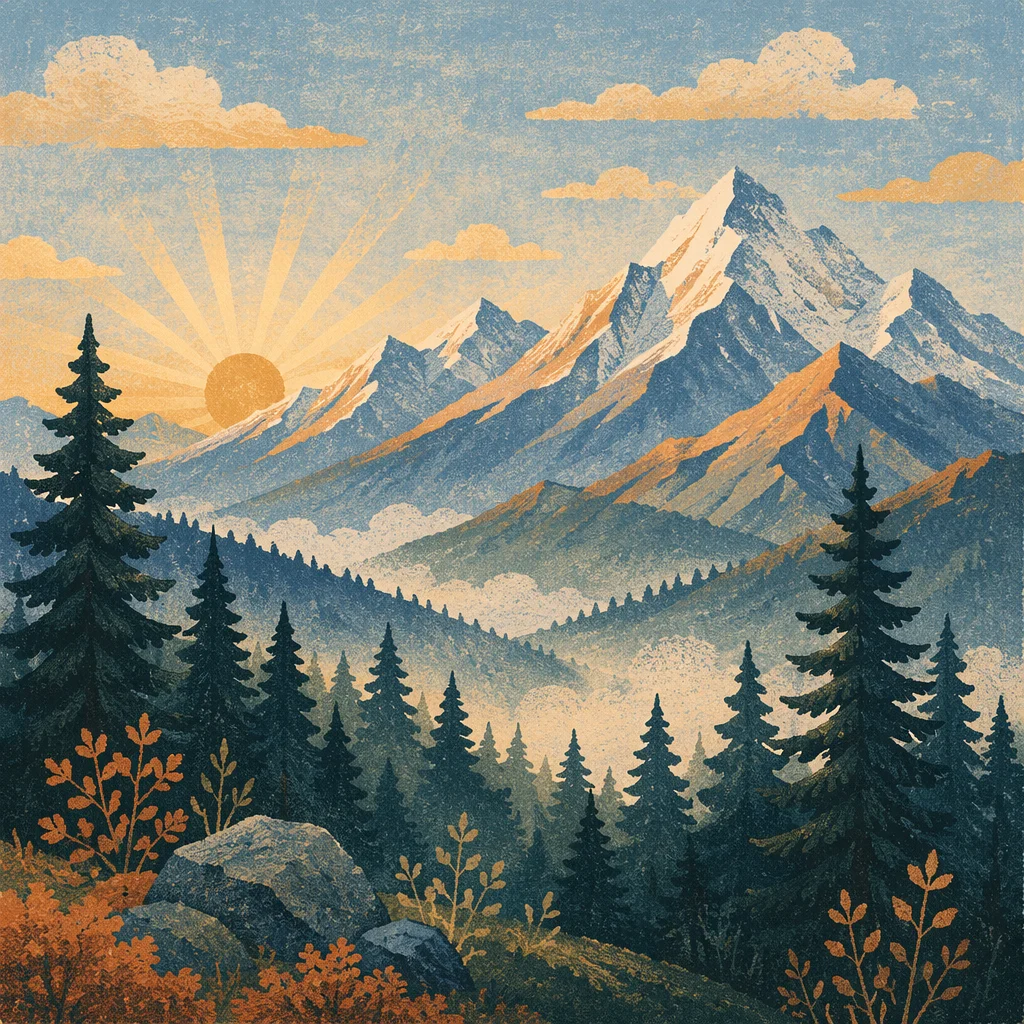 Golden Sunrise Over Evergreen Mountain Range