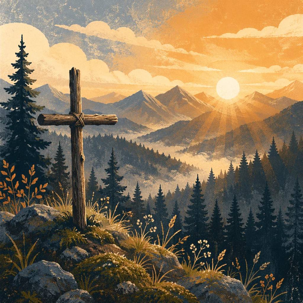 Golden Sunrise Cross Over Evergreen Mountains