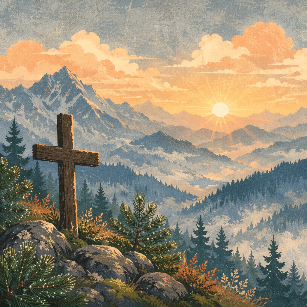 Golden Sunrise Cross Over Evergreen Mountains