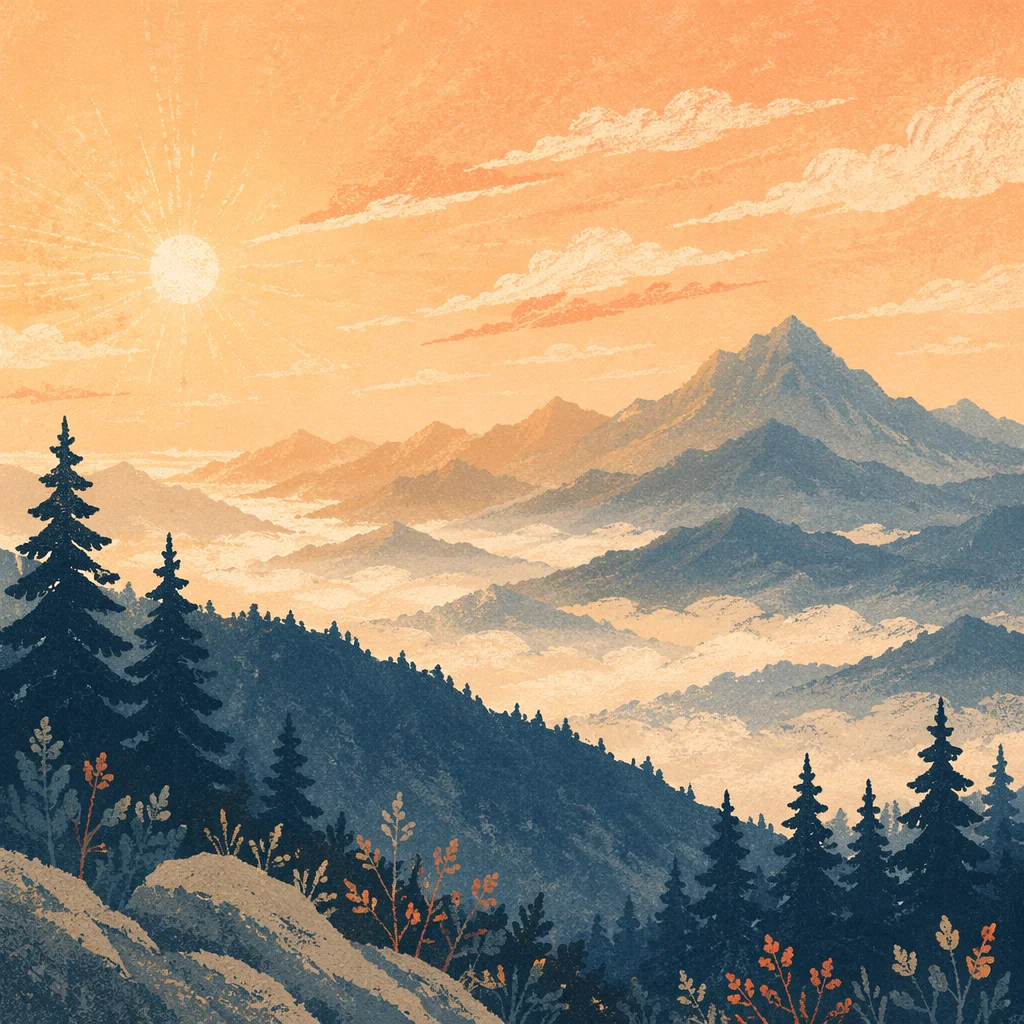 Golden Sunrise Over Evergreen Mountain Range