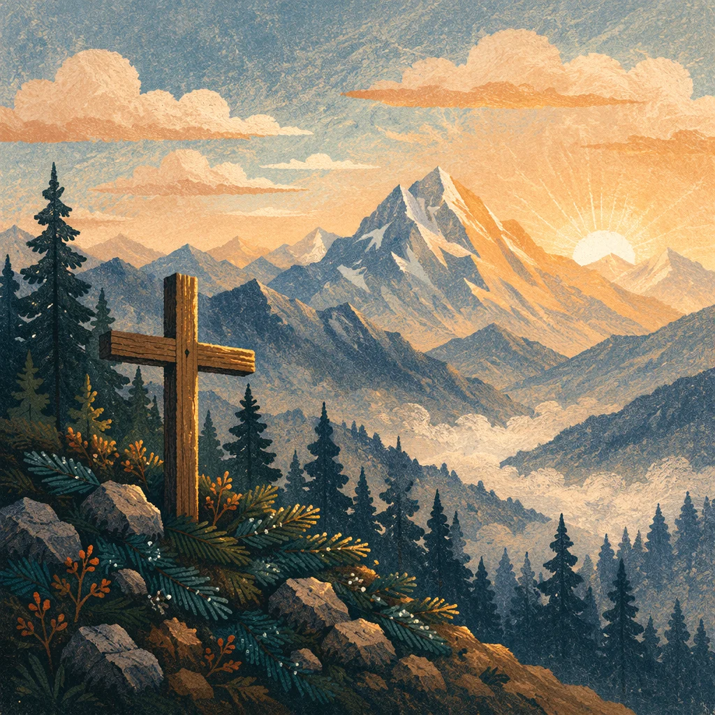 Golden Sunrise Cross Over Evergreen Mountains