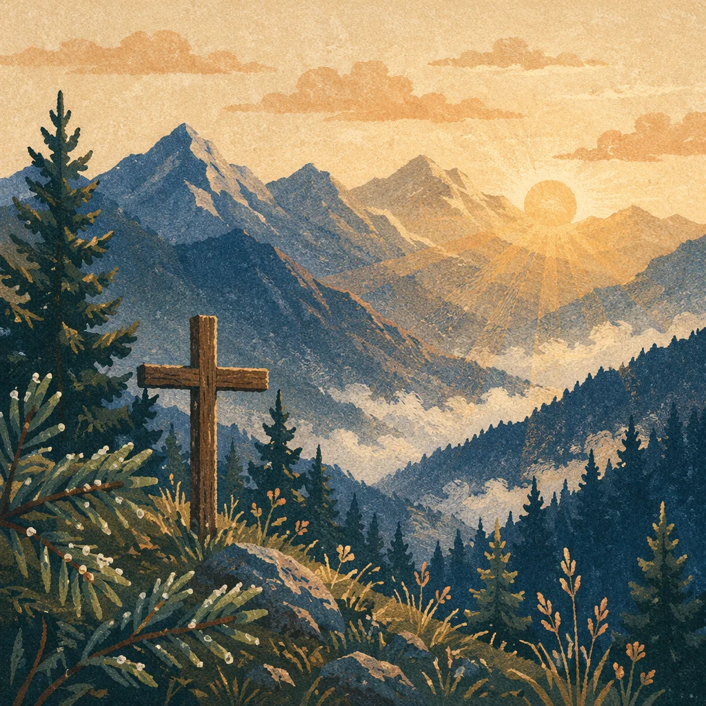 Golden Sunrise Cross Over Evergreen Mountains
