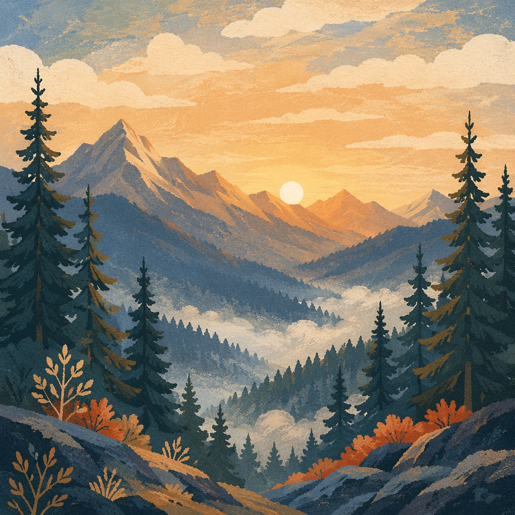 Golden Sunrise Over Evergreen Mountain Ridge