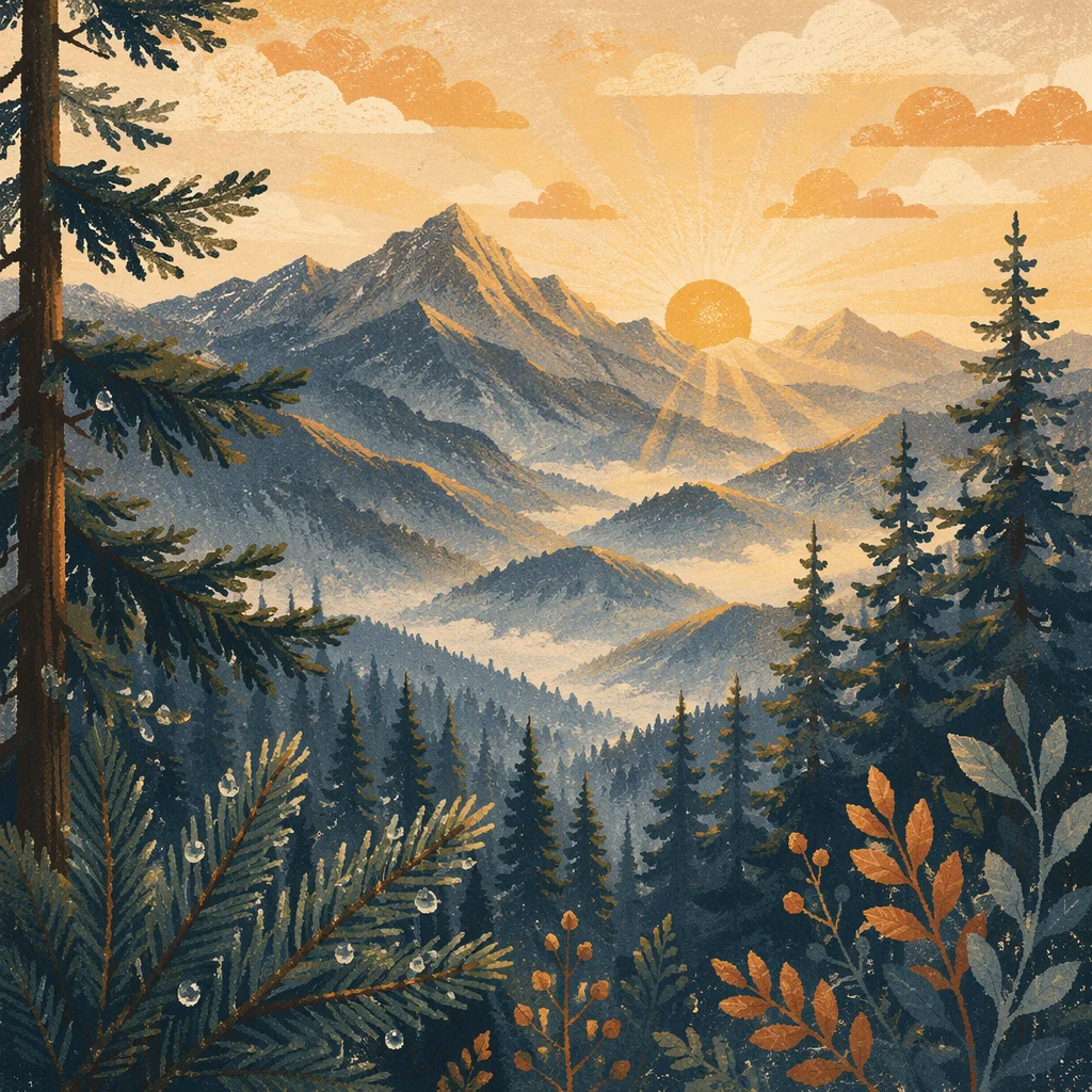 Golden Sunrise Over Evergreen Mountain Range