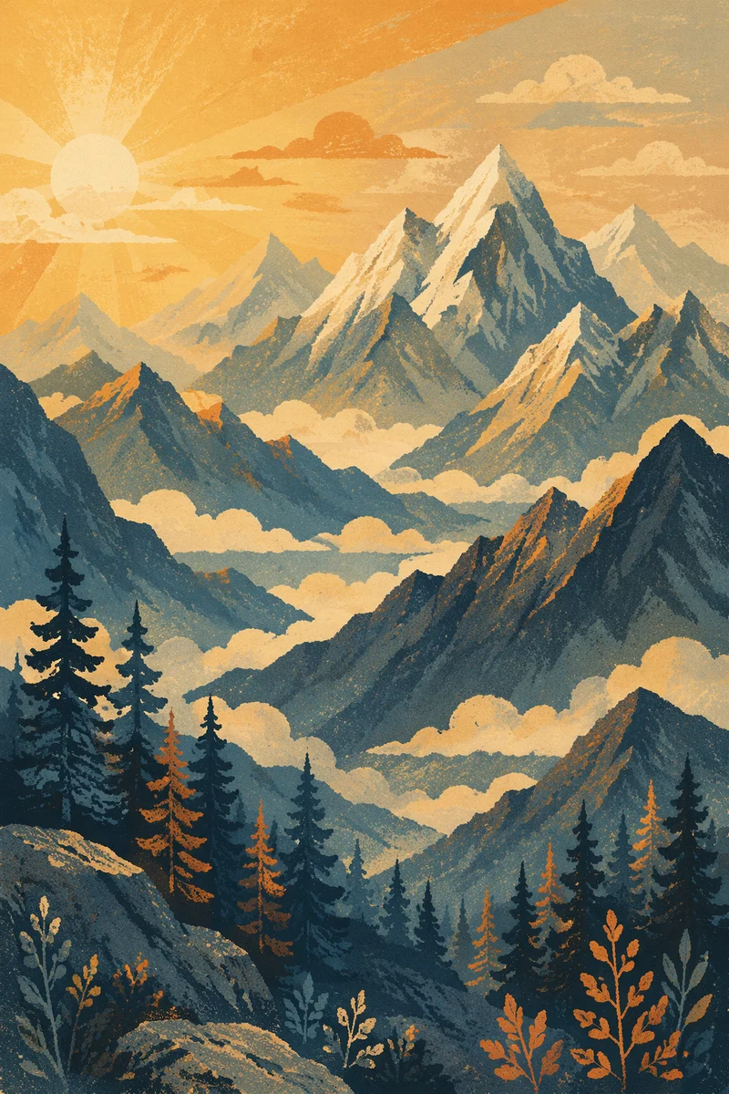 Golden Sunrise Over Evergreen Mountain Peaks