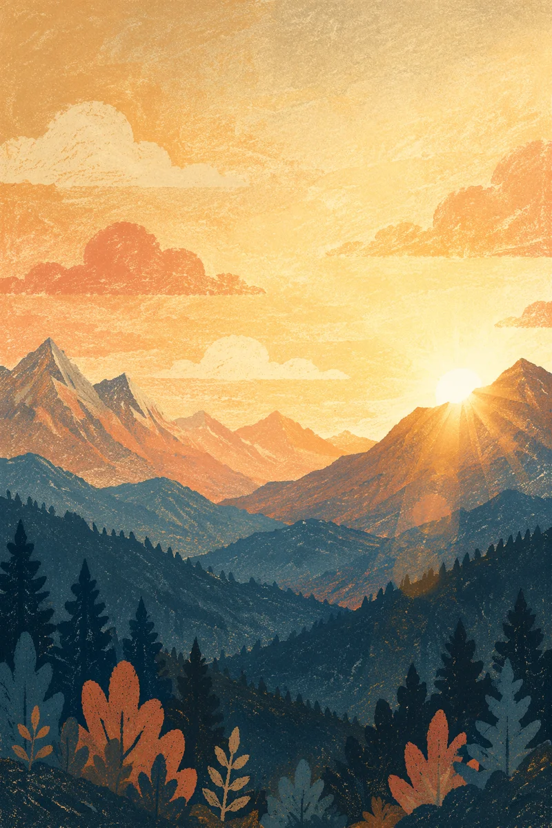Golden Sunrise Over Evergreen Mountain Range