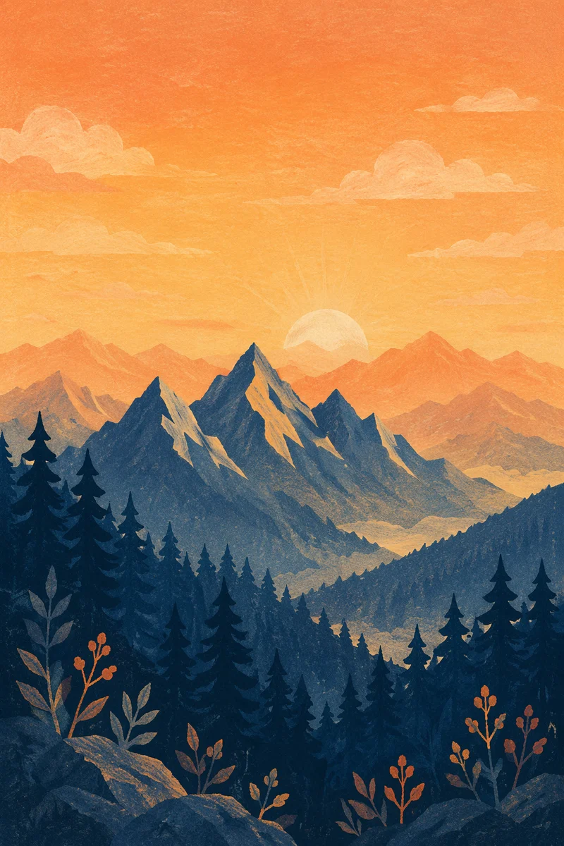 Golden Sunrise Over Evergreen Mountain Range