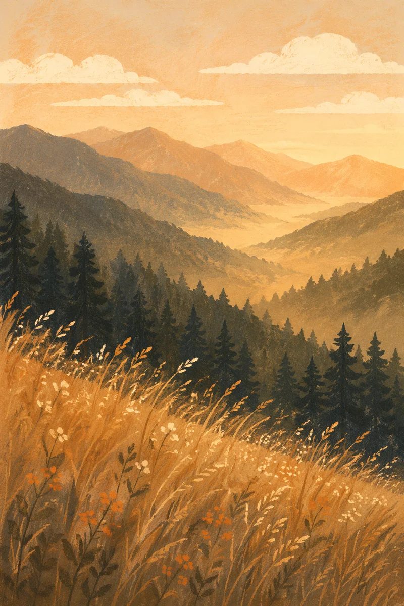 Golden Sunrise Over Evergreen Mountain Ridges