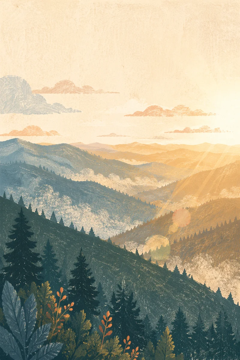 Golden Sunrise Over Evergreen Mountain Ridges