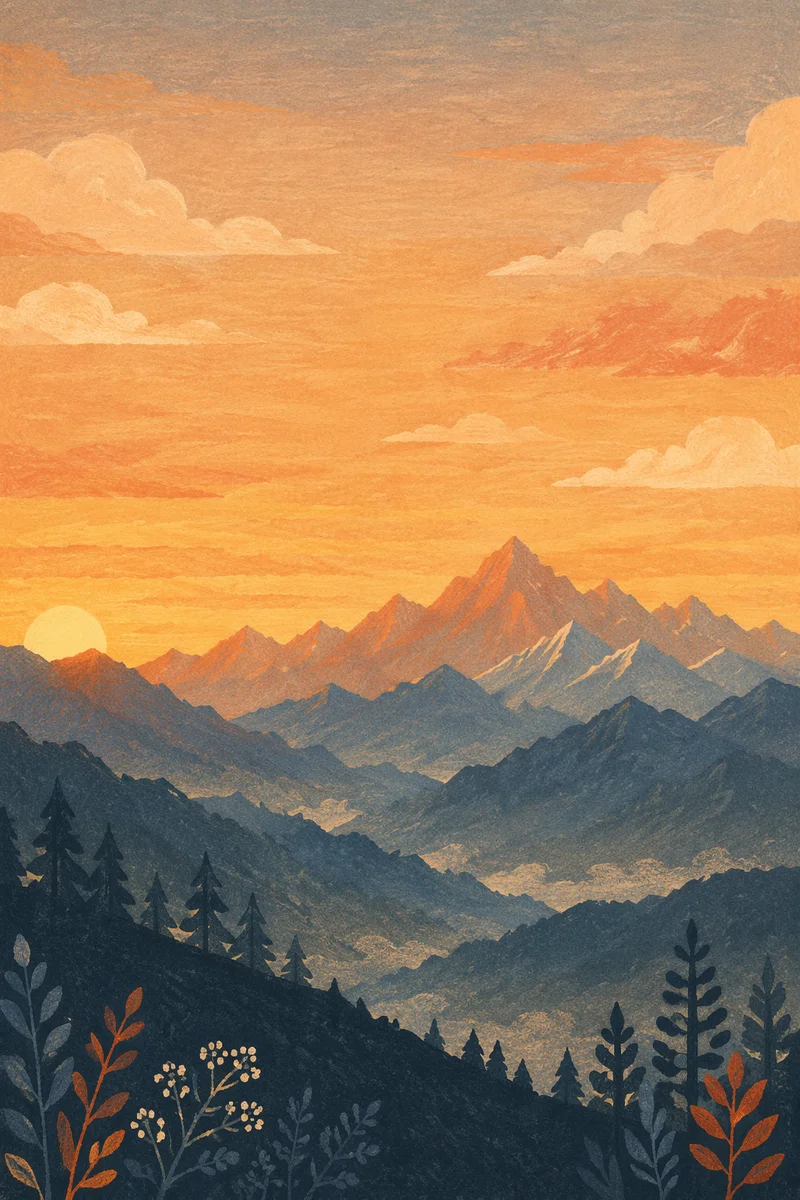 Golden Sunrise Over Evergreen Mountain Range