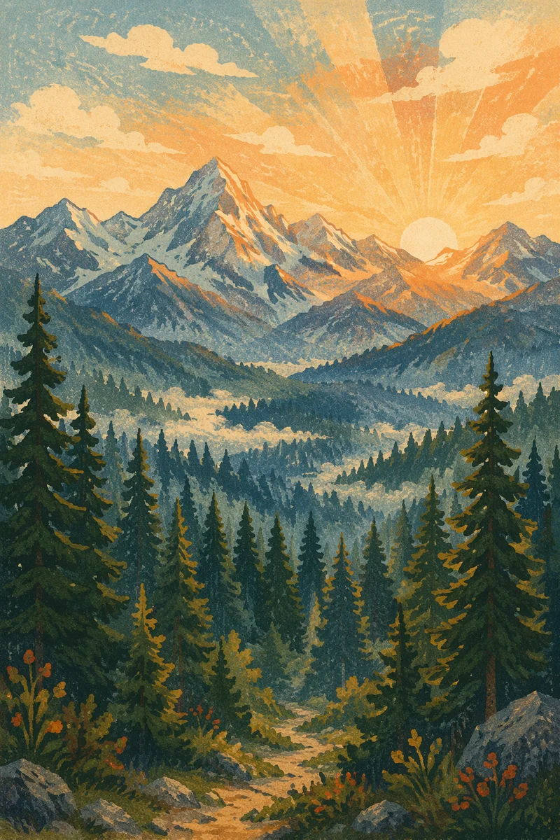 Golden Sunrise Over Evergreen Mountain Range