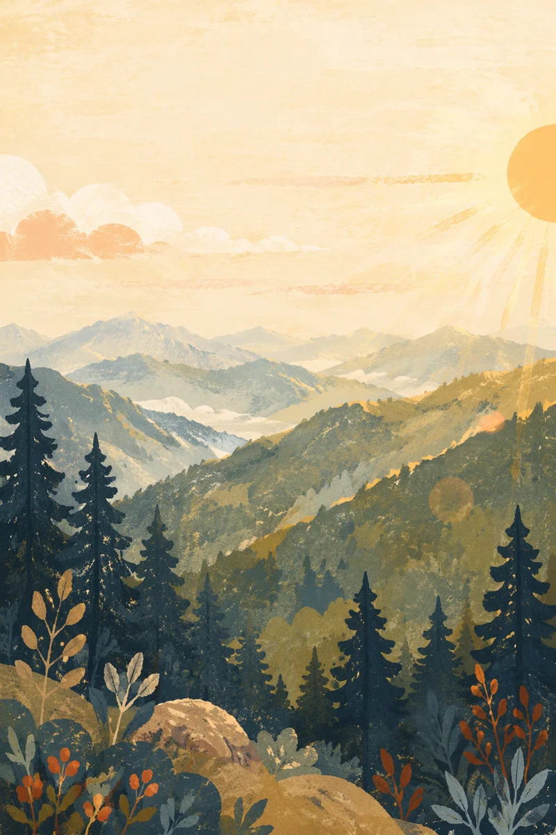 Golden Sunrise Over Evergreen Mountain Ridges