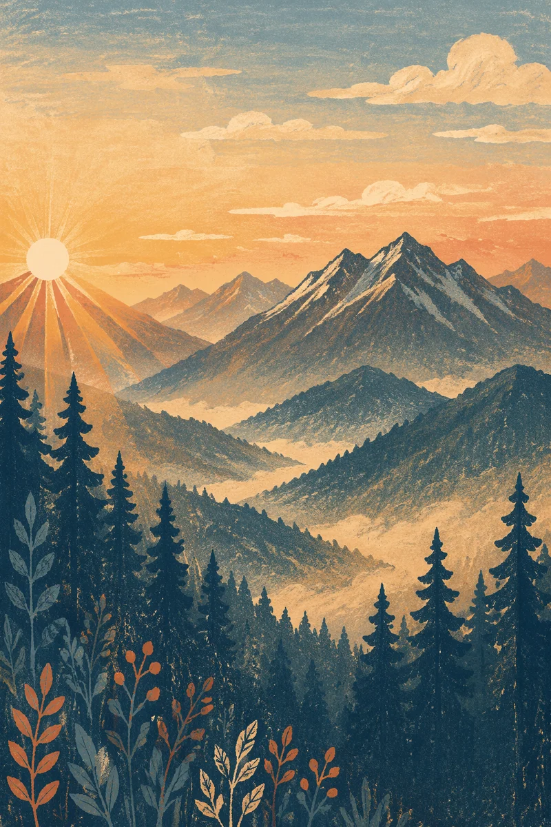 Golden Sunrise Over Evergreen Mountain Range