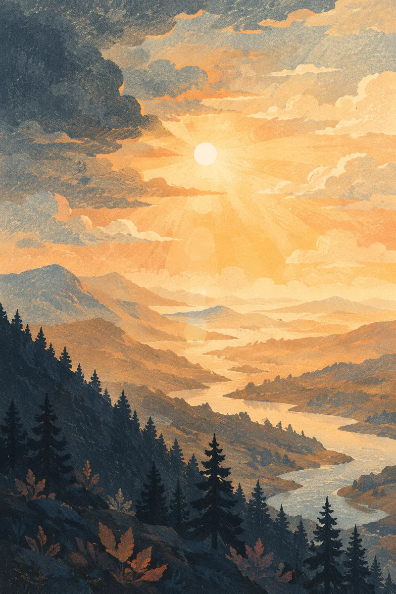 Golden Sunrise Over Evergreen Mountain Ridges