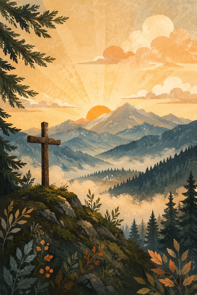 Golden Sunrise Cross Over Evergreen Mountains