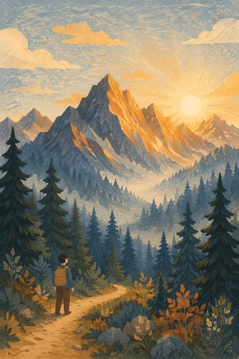 Golden Sunrise Over Evergreen Mountain Path