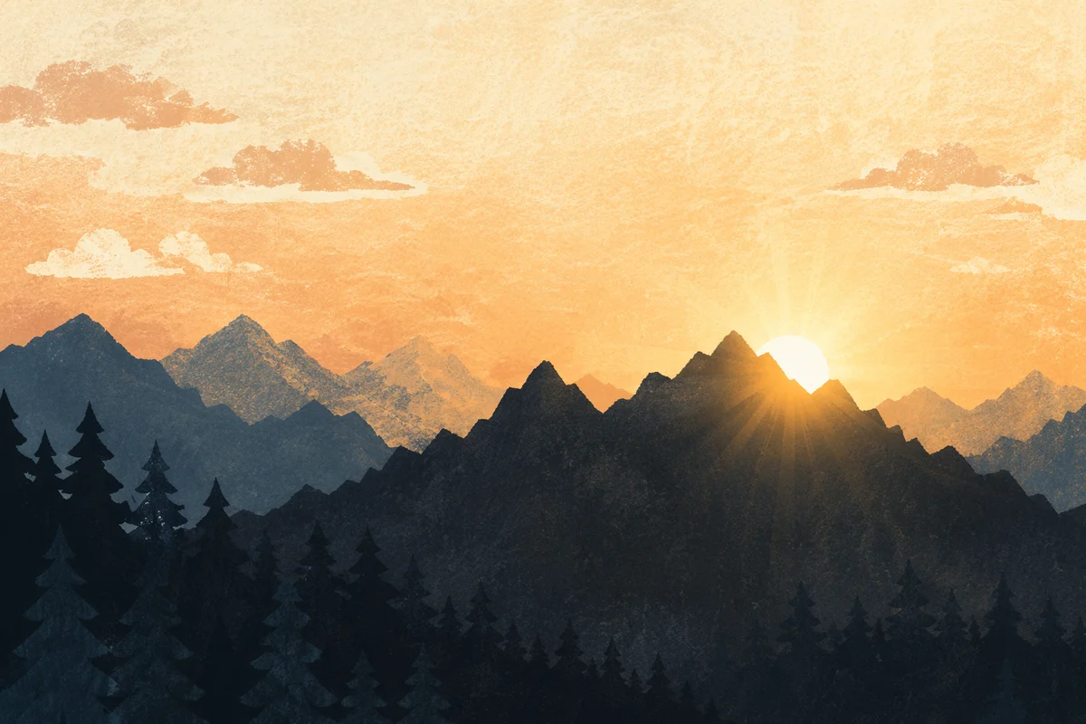 Golden Sunrise Over Evergreen Mountain Range