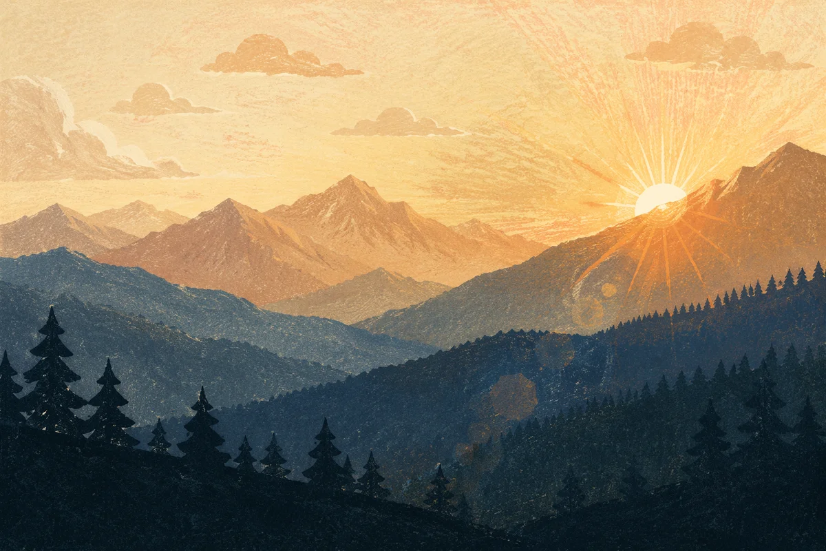 Golden Sunrise Over Evergreen Mountain Ridges