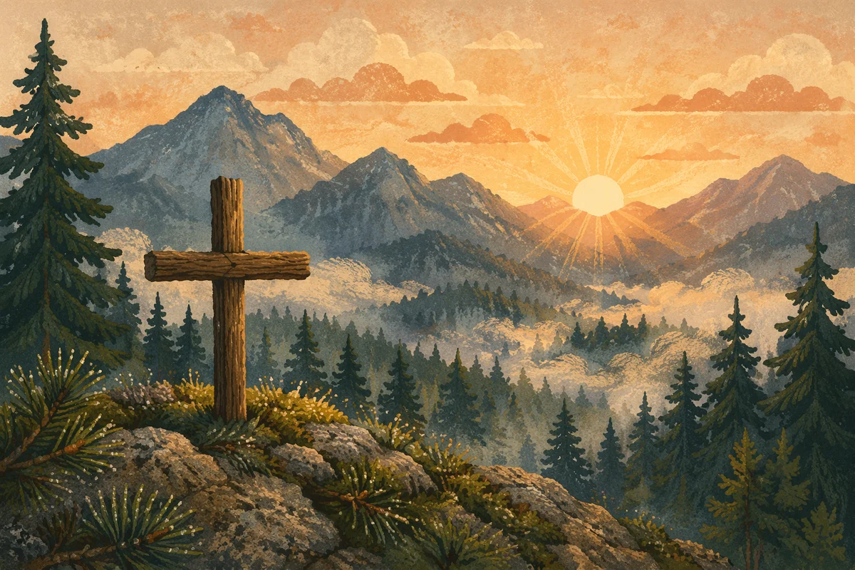 Golden Sunrise Cross Over Evergreen Mountains