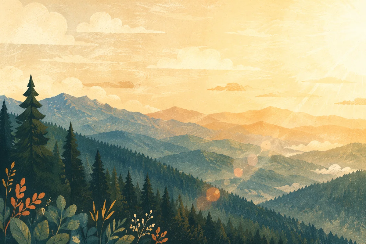 Golden Sunrise Over Evergreen Mountain Ridges