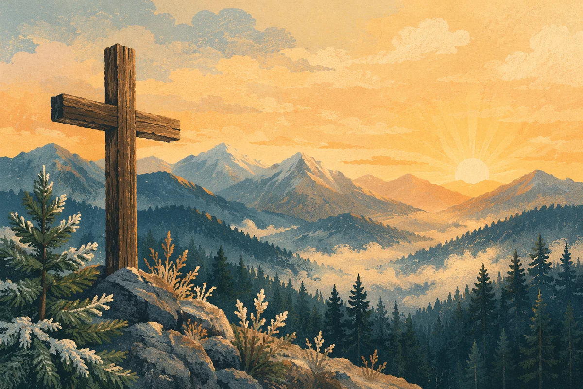 Wooden Cross at Golden Evergreen Sunrise