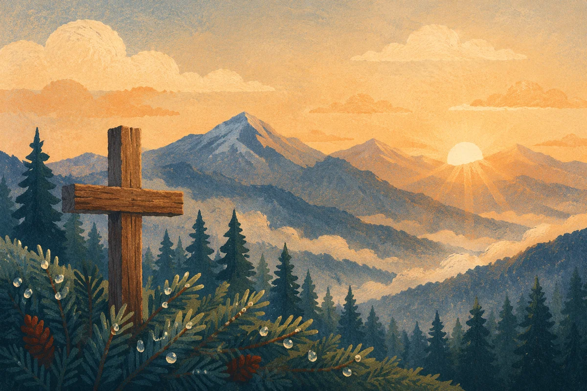 Wooden Cross at Golden Mountain Sunrise