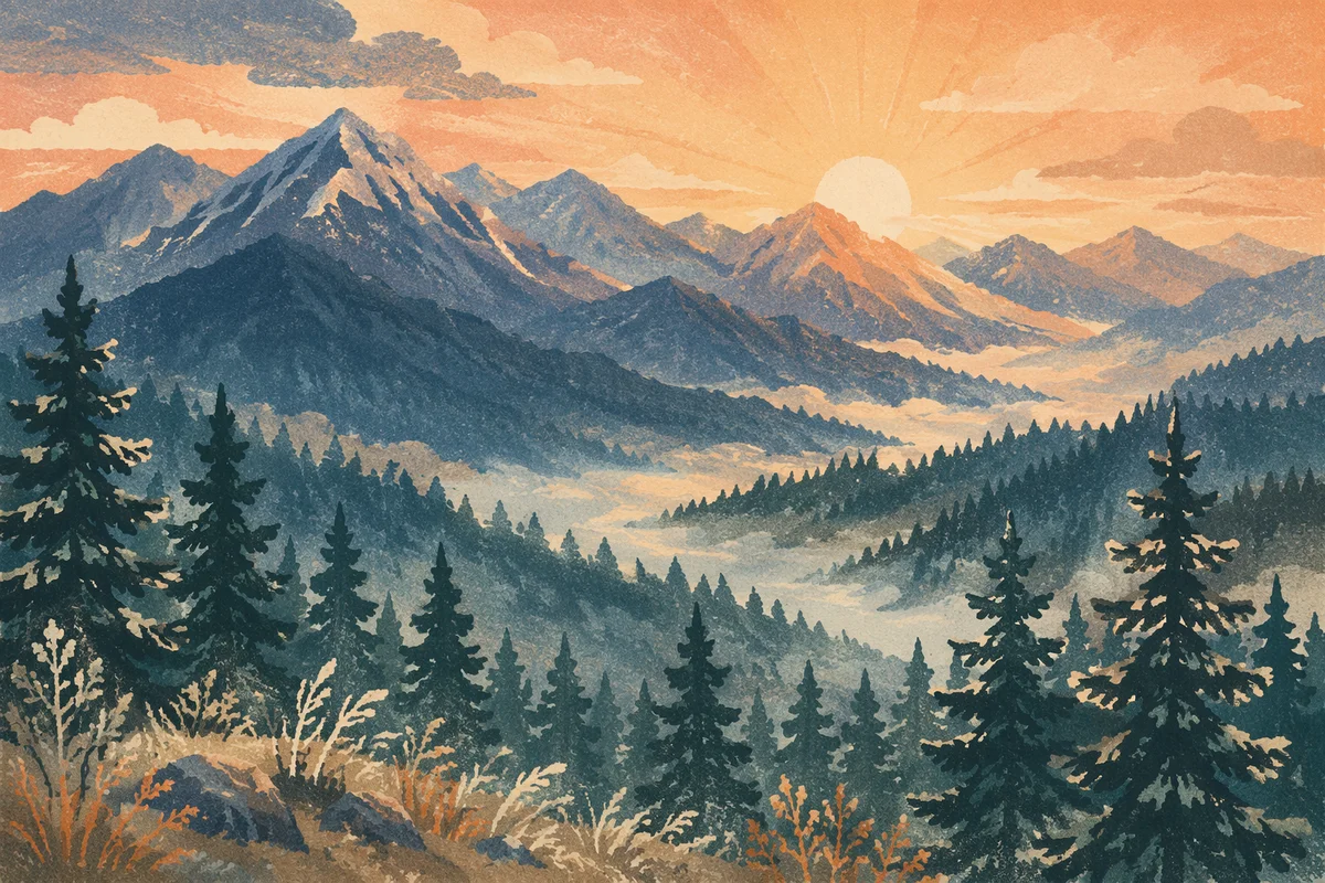 Golden Sunrise Over Evergreen Mountain Range