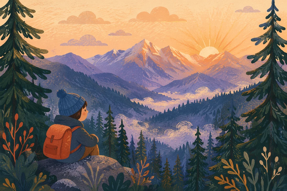 Golden Sunrise Over Evergreen Mountain Ridges