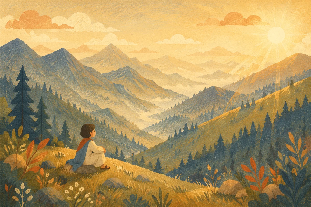 Golden Sunrise Over Evergreen Mountain Range