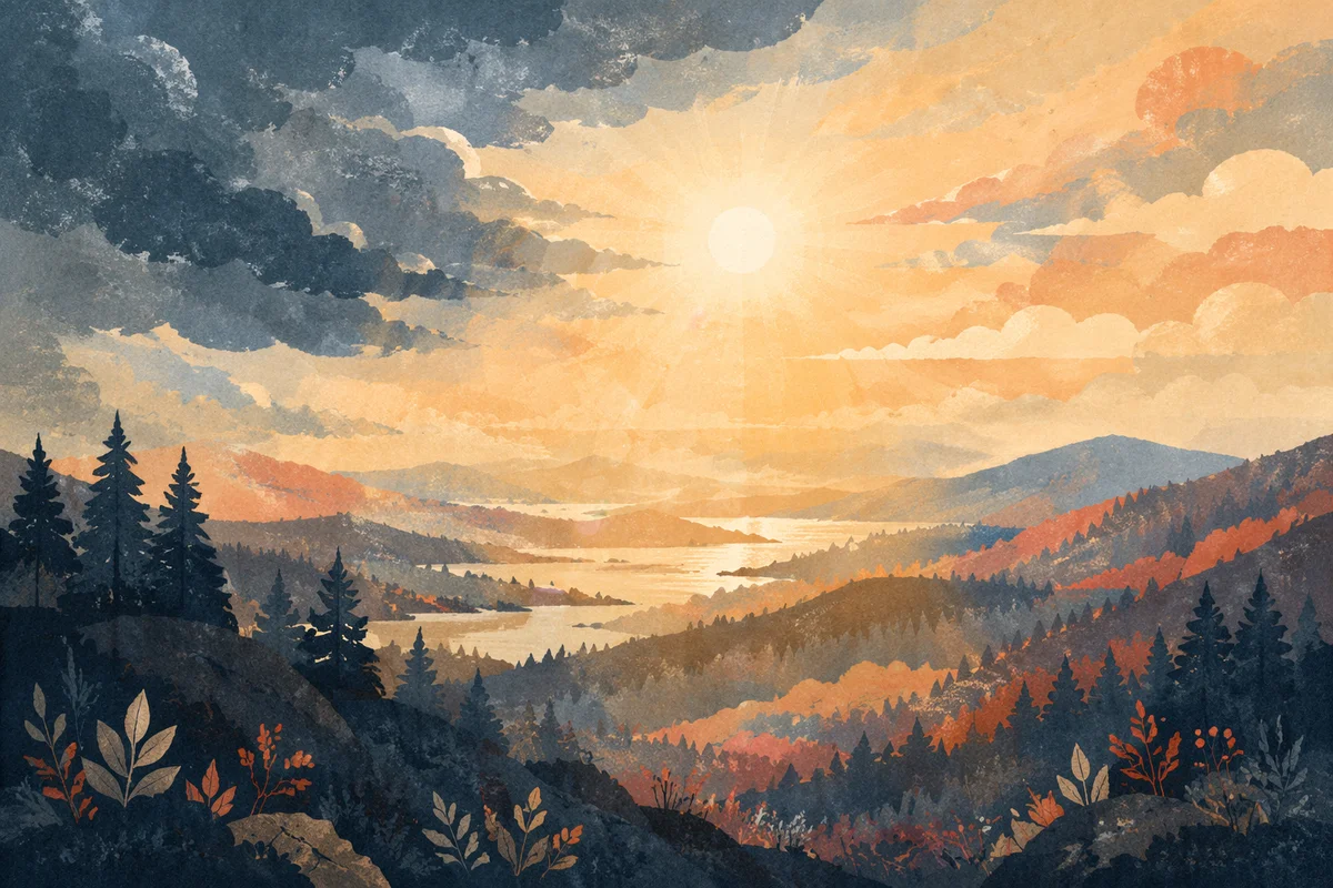 Golden Sunrise Over Evergreen Mountain Ridges