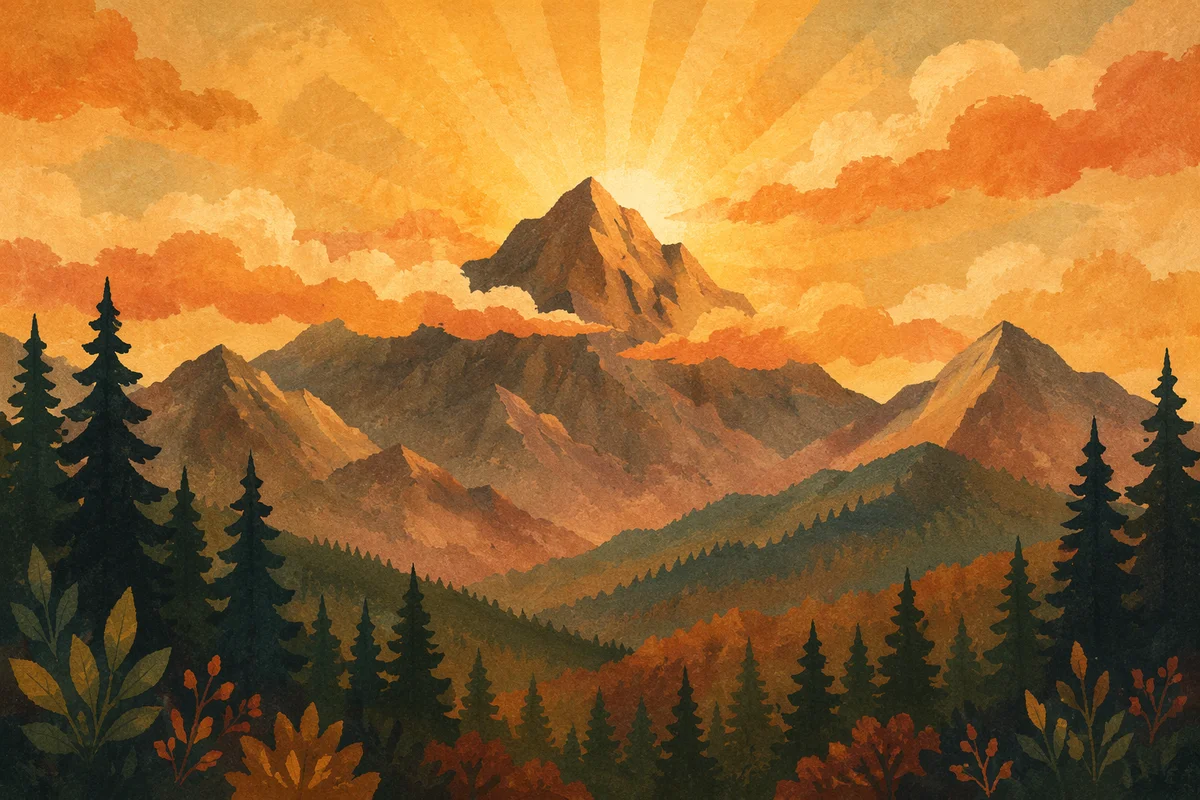 Golden Sunrise Over Evergreen Mountain Range