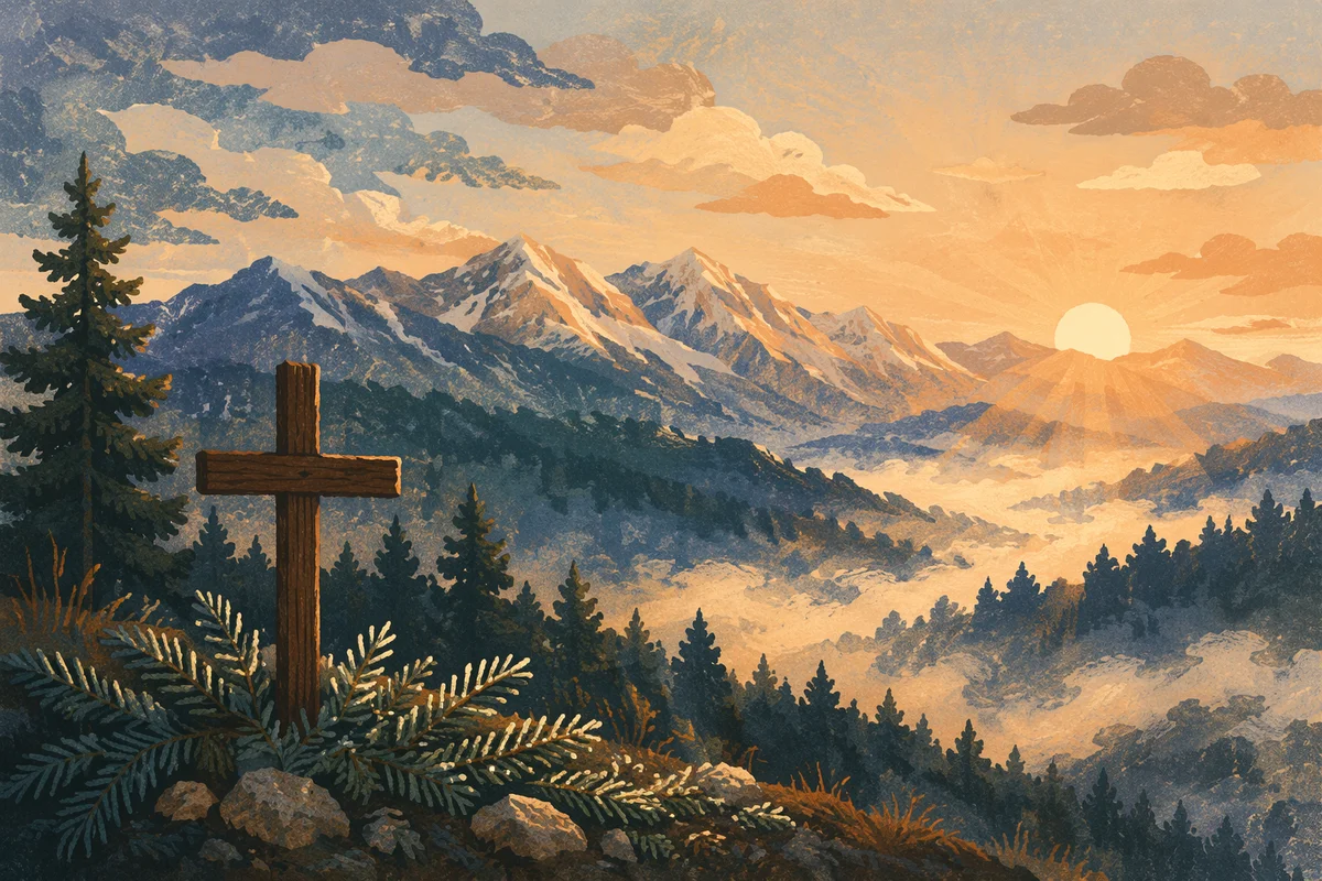 Golden Sunrise Cross Over Evergreen Mountains