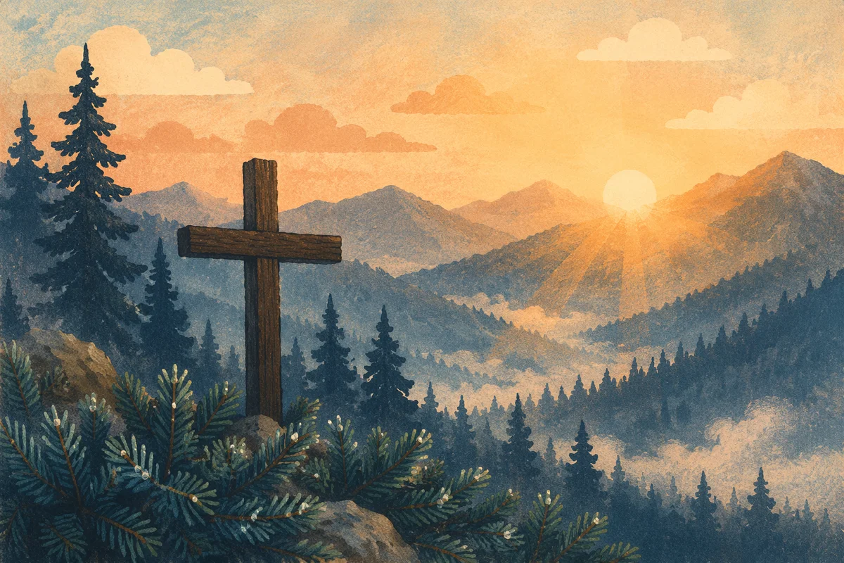 Golden Sunrise Cross on Evergreen Mountainside
