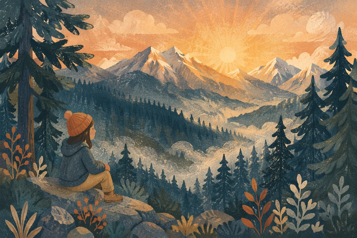 Golden Sunrise Over Evergreen Mountain Ridge