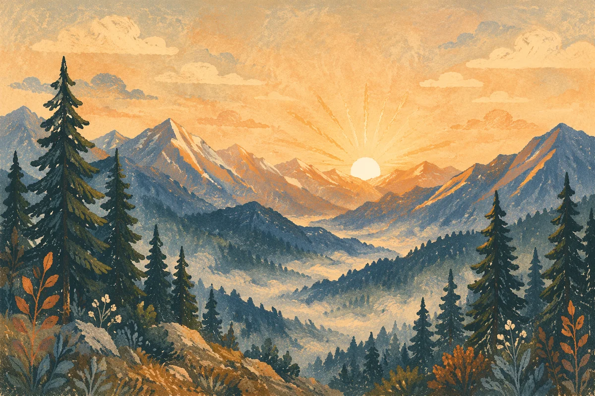 Golden Sunrise Over Evergreen Mountain Ridge