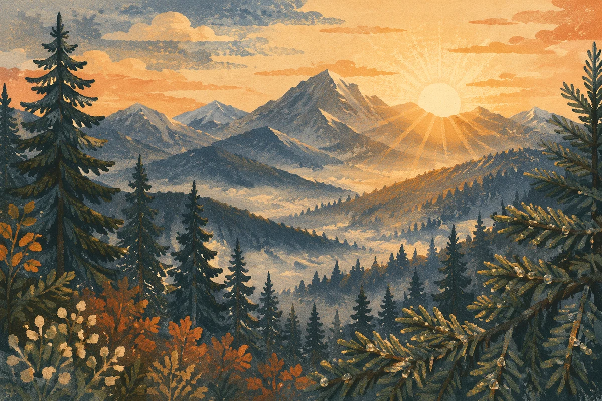 Golden Sunrise Over Evergreen Mountain Valley