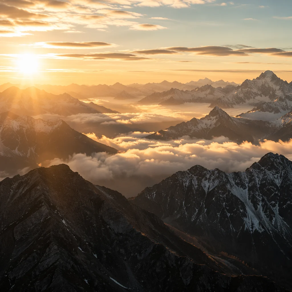 Golden Sunrise Over Evergreen Alpine Peaks