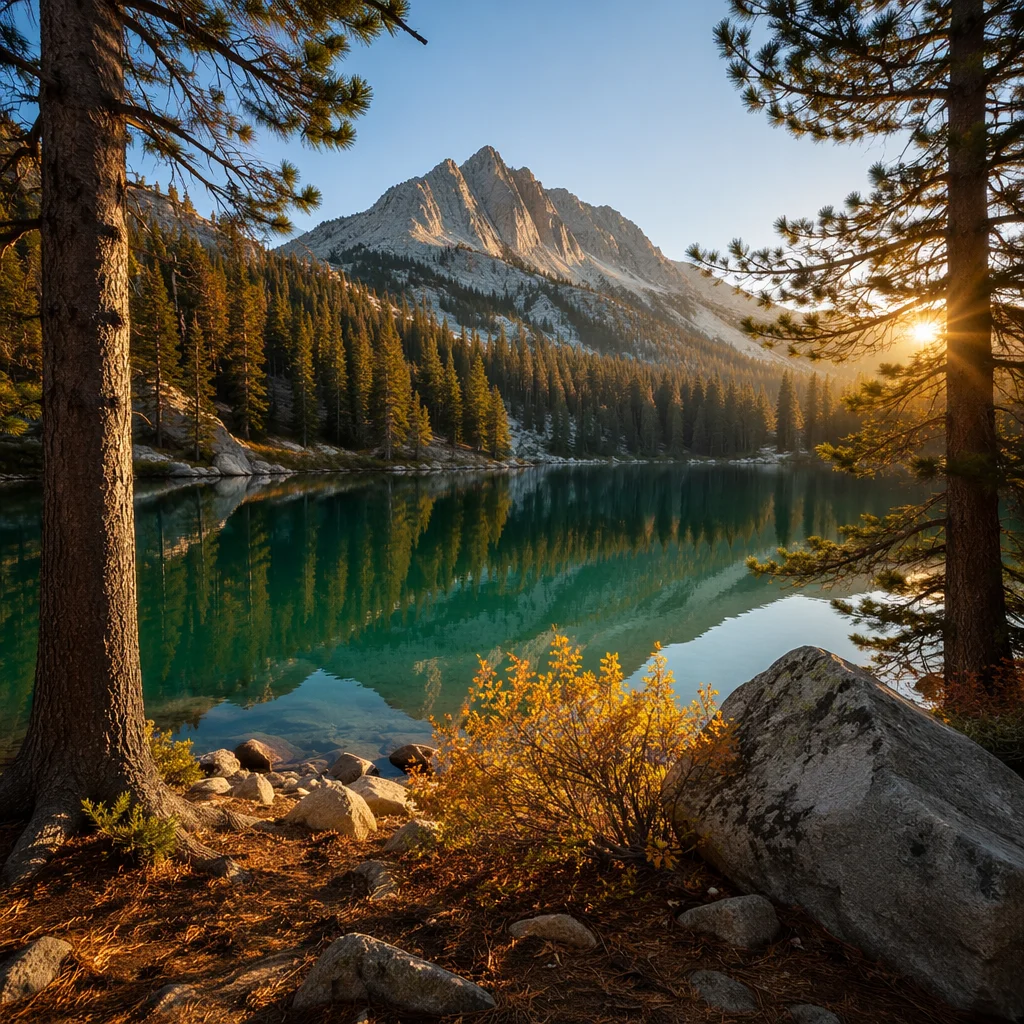 Golden Sunrise Over Evergreen Mountain Lake