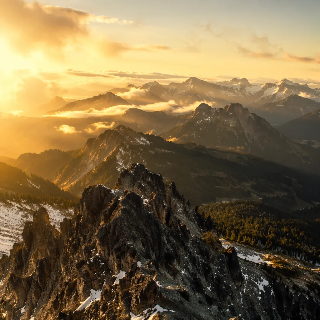 Golden Sunrise Over Evergreen Alpine Peaks