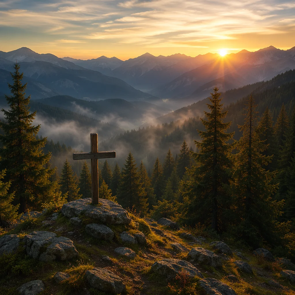 Golden Sunrise Cross in Evergreen Mountains